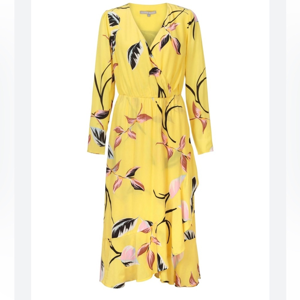 Oliver Bonas Yellow Floral Midi faux wrap Dress women’s size 6
